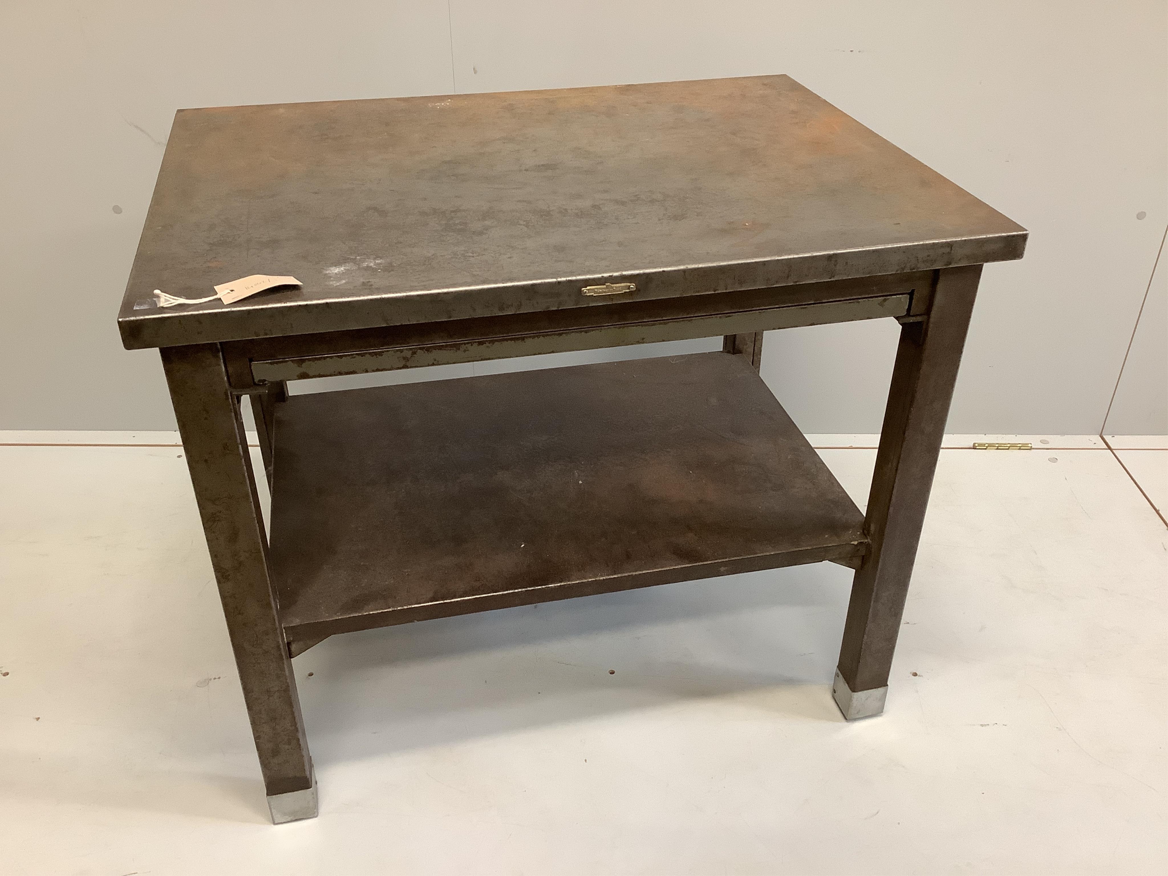 A mid century Remington Rand steel two tier work table with fitted slide, width 86cm, depth 64cm, height 71cm
